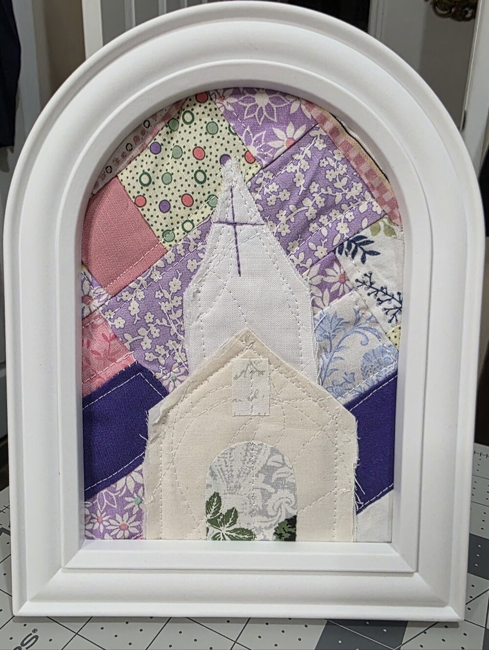 Handmade Purple & Cream Quilted Church Arch Wall Art 5x7